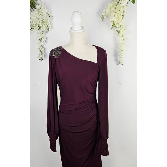 David Meister Size 6 Plum Cocktail Dress Ruched Midi Dress Beaded Elegant Party - Picture 4 of 15